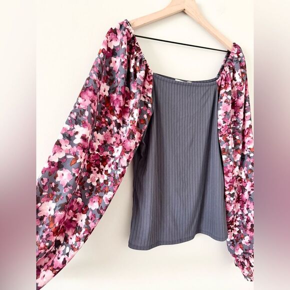 NWT Haptics The Keegan Long Sleeve Top in Mixed Media Gray Pink Floral Size L - Picture 2 of 5